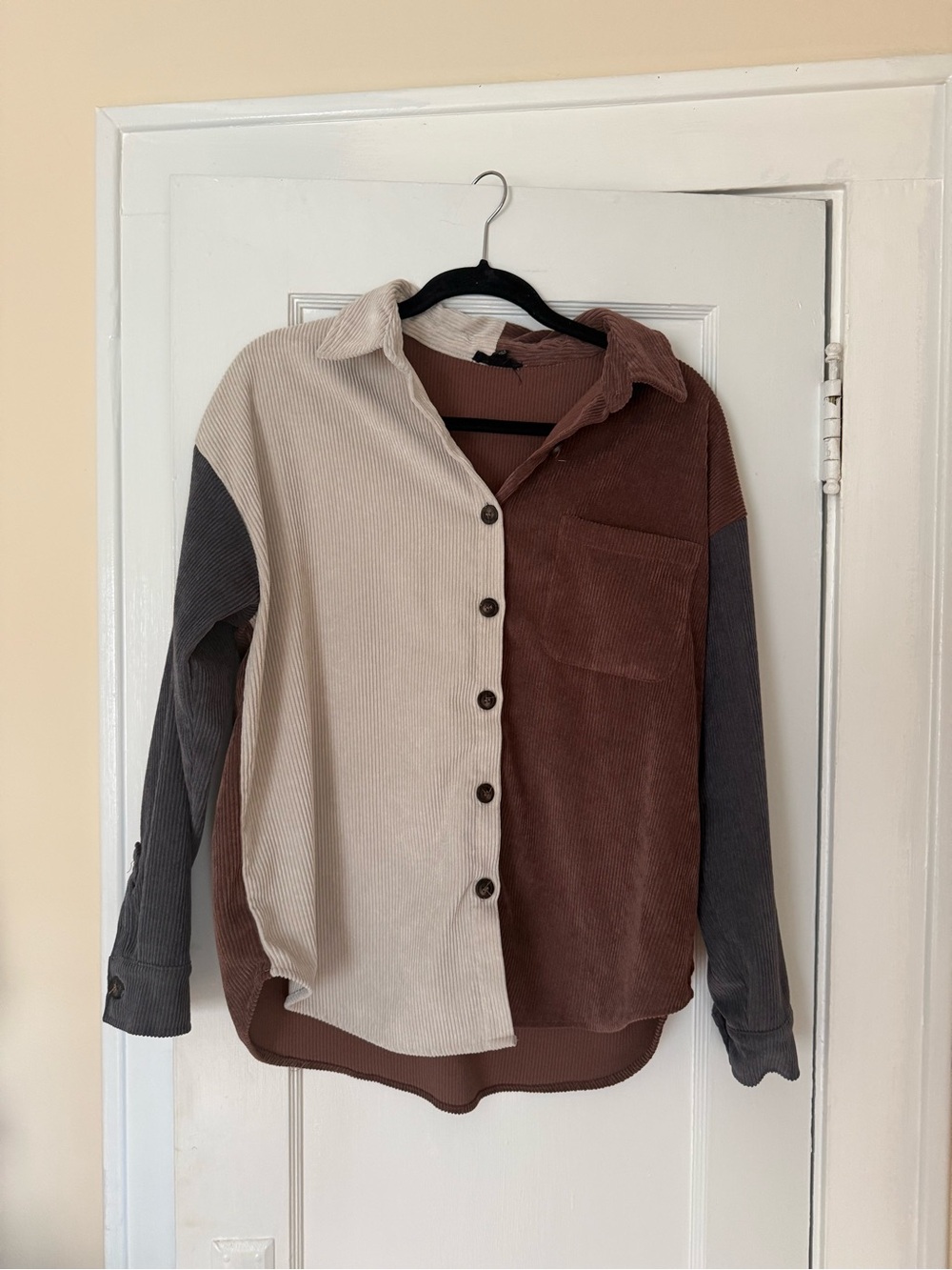 Blu Pepper Colorblock Corduroy Button-Down Shirt - Brown, Cream & Gray